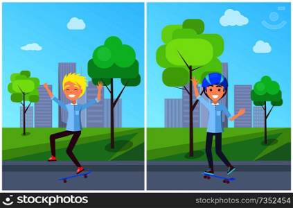 Skateboarding collection with boys teenagers, hobby of male in city streets, trees infront buildings, sky and clouds, set isolated on vector illustration. Skateboarding Collection, Vector Illustration