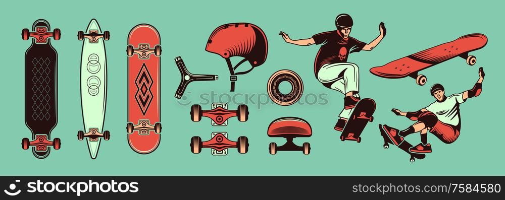 Skateboarding color hand drawn set with teens riding skateboard and different kinds of sport equipment isolated vector illustration. Skateboarding Color Hand Drawn Set