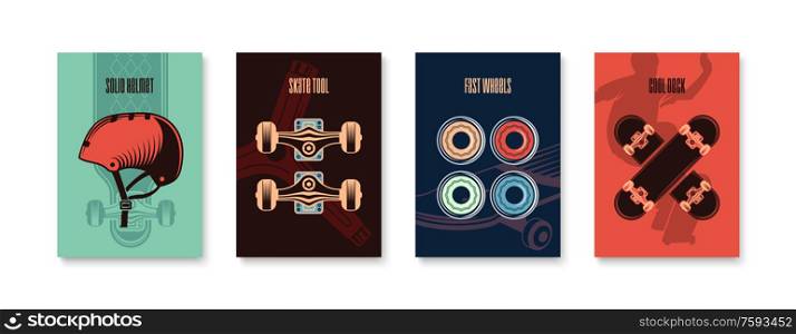 Skateboarding color poster set with solid helmet cool deck fast wheels skate tool isolated vector illustration. Skateboarding Poster Set