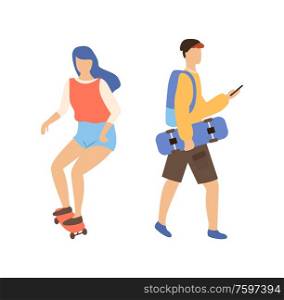 Skateboarding couple, woman on skateboard and man skateboarder with board in hands typing message. Vector cartoon people in casual clothes and backpack. Skateboarding Couple, Woman on Skateboard and Man