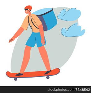 Skateboarding courier with package, delivery of goods, food and products ordered in online shop or store. Skateboarder fast express service from restaurants or marketplace. Vector in flat style. Delivery of products and food, man on skateboard