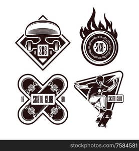 Skateboarding engraving black emblem set on white background isolated monochrome vector illustration. Skateboarding Monochrome Emblem Set