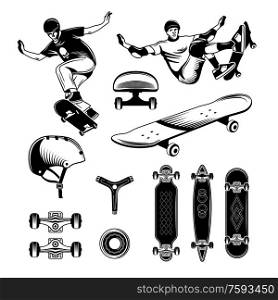 Skateboarding hand drawn engraving set with people engaged in extreme sports and different skateboards isolated vector illustration. Skateboarding Engraving Set