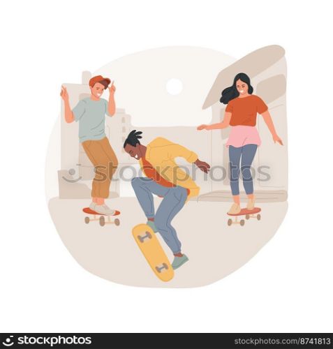 Skateboarding isolated cartoon vector illustration. Group of people skateboarding outdoors, freestyle practicing, active and healthy pastime, physical activity with friends vector cartoon.. Skateboarding isolated cartoon vector illustration.