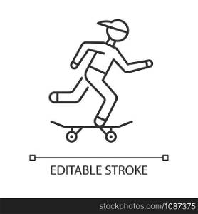 Skateboarding linear icon. Street culture. Skater riding board. Skating guy. Person performing stunts. Thin line illustration. Contour symbol. Vector isolated outline drawing. Editable stroke