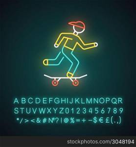 Skateboarding neon light icon. Street culture. Skater riding board. Skating guy. Person performing skateboard stunts. Extreme sport. Vector isolated illustration
