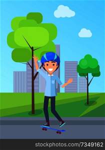 Skateboarding person in park, teenage boy and skating bord, male wearing helmet isolated vector illustration on background of skyscraper buildings. Skateboarding Person in Park Vector Illustration