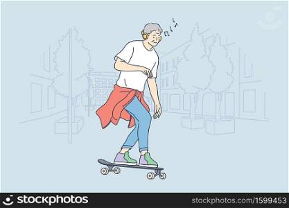 Skateboarding, sport, recreation, hobby concept. old man ensioner senior citizen cartoon character riding skateboard listening music and performing tricks. Active summer extreme lifestyle illustration. Skateboarding, sport, recreation, hobby concept