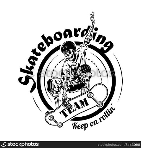 Skateboarding team symbol vector illustration. Skeleton in helmet on skateboard in jump and text. Extreme sport concept for community emblems or team badges templates