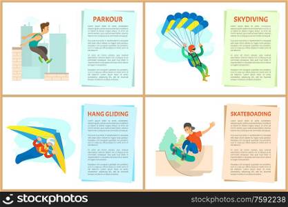 Skateboarding vector, paragliding and hang gliding, skydiving and parkour, poster with text sample. Extreme hobby of people, skydiver and skateboarder. Parkour and Skateboarding Hobby of Teenagers Set