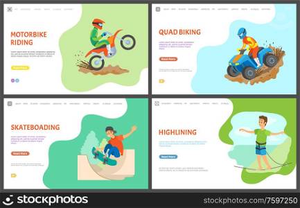 Skateboarding young boy vector, motorbike and quad biking activity of people wearing special protective costumes and helmets. Highlining man, website or webpage template, landing page flat style. Motorbike and Quad Bike Hobby, Skating Web Set