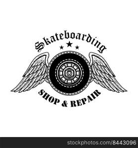 Skateboards repair symbol vector illustration. Boards wheels with angel wings and text. Extreme sport concept for shop and service emblems or labels templates
