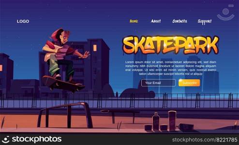 Skatepark cartoon landing page with teenager in night skate park rollerdrome perform skateboard jumping stunt. Extreme sport, graffiti, youth urban culture and teen street activity vector web banner. Skatepark cartoon landing, teen at rollerdrome