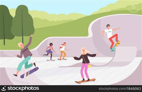 Skatepark. Outdoor extreme activities skateboarders lifestyle urban park action characters vector background. Illustration skateboarder outdoor, skatepark extreme urban. Skatepark. Outdoor extreme activities skateboarders lifestyle urban park action characters vector background