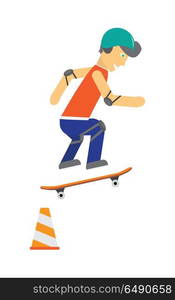 Skater vector. Male character in helmet, elbow, knee protection jumping on skateboard. Sports equipment flat illustration. Summer fun and healthy life. For sport concepts, advertising, web design. Skater with Skateboard Vector in Flat Design. Skater with Skateboard Vector in Flat Design