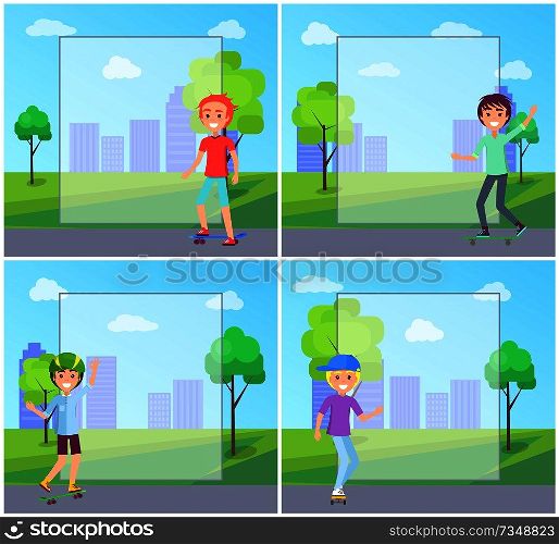 Skaters in city park collection of teenager on skateboards, skater with good mood keeping fit and having fun, set isolated vector illustrations set. Skaters City Park Collection Vector Illustration