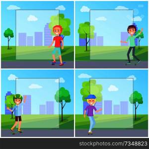 Skaters in city park collection of teenager on skateboards, skater with good mood keeping fit and having fun, set isolated vector illustrations set. Skaters City Park Collection Vector Illustration