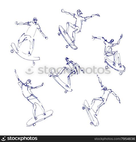 Skaters men. Sketches blue pen set. Hand drawn vector illustration.. Skaters men set
