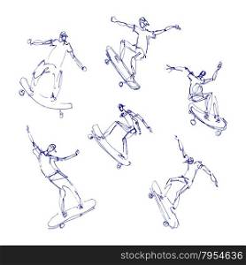 Skaters men. Sketches blue pen set. Hand drawn vector illustration.. Skaters men set