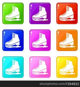 Skates ice icons set 9 color collection isolated on white for any design. Skates ice icons set 9 color collection