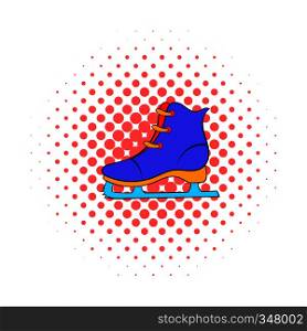 Skates icon in comics style on dotted background. Winter sport symbol. Skates icon, comics style