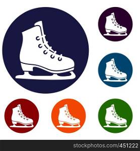 Skates icons set in flat circle reb, blue and green color for web. Skates icons set