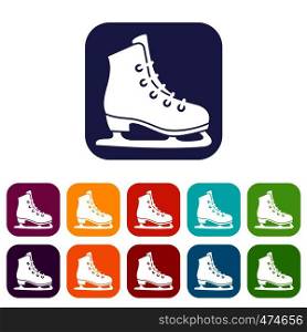 Skates icons set vector illustration in flat style In colors red, blue, green and other. Skates icons set