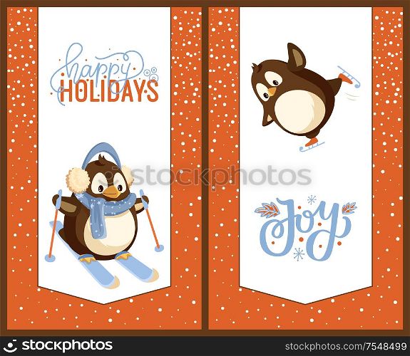Skating and skiing penguins, happy winter holidays greeting card. Bird in earmuffs and scarf on skis or skates, Christmas and New Year celebration vector. Skating and Skiing Penguins, Happy Winter Holidays