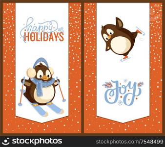 Skating and skiing penguins, happy winter holidays greeting card. Bird in earmuffs and scarf on skis or skates, Christmas and New Year celebration vector. Skating and Skiing Penguins, Happy Winter Holidays