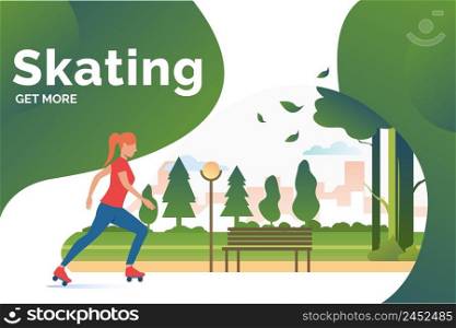 Skating lettering, skater woman in park with distant buildings. Lifestyle, activity, leisure concept. Presentation slide template. Vector illustration for topics like summer, holiday, sport. Skating lettering, skater woman in park with distant buildings