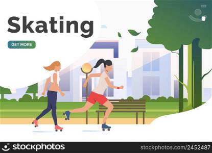 Skating lettering, skater women in park with distant buildings. Lifestyle, activity, leisure concept. Presentation slide template. Vector illustration for topics like summer, holiday, sport. Skating lettering, skater women in park with distant buildings