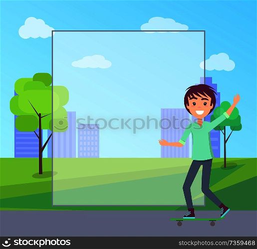Skating teenager and filling form for information, skateboarder active lifestyle, skater teen boy, city park with buildings on backdrop vector. Skating Teenager and Form Vector Illustration