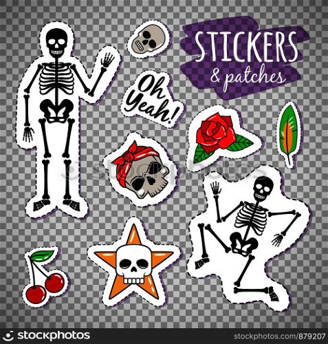 Skeleton and skull colorful stickers isolated on transparent background, vector illustration. Skeleton stickers on transparent background