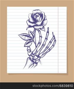 Skeleton arm sketch with rose. Skeleton arm sketch with rose on line page. Vector illustration