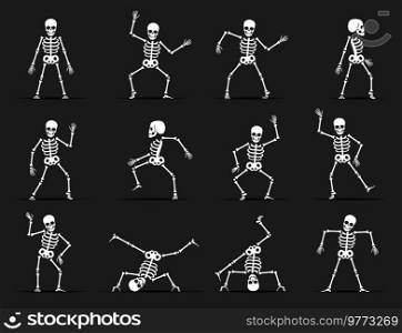 Skeleton dance animated game sprite. Vector set of funny halloween monster characters in different poses. Cute creepy skeletons, dead personages dancing, squatting and playing sequence animation frame. Skeleton dance animated game sprite vector set