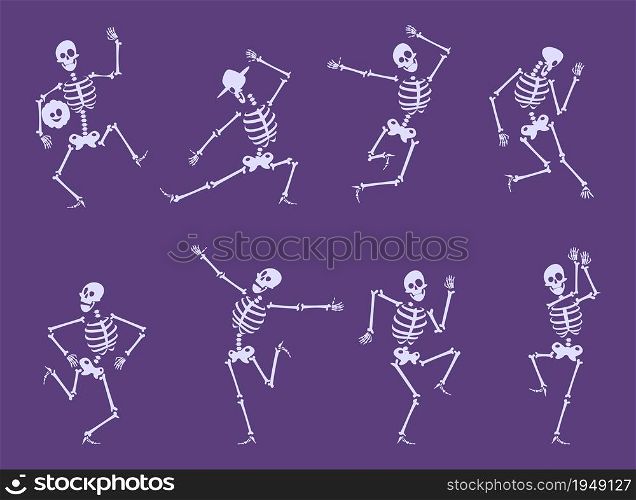Skeleton dancing. Party funny characters dancers poses on halloween party skull bones vector set. Illustration skeleton body, halloween scary and horror. Skeleton dancing. Party funny characters dancers poses on halloween party skull bones vector set