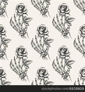 Skeleton hand with rose seamless pattern. Skeleton arm sketch with rose vector seamless pattern. Background with hand drawn bones hand an flower