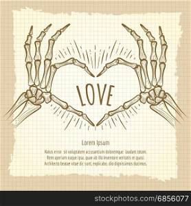 Skeleton hands love sign vintage backdrop. Skeleton hands love sign on vintage notebook backdrop, vector illustration