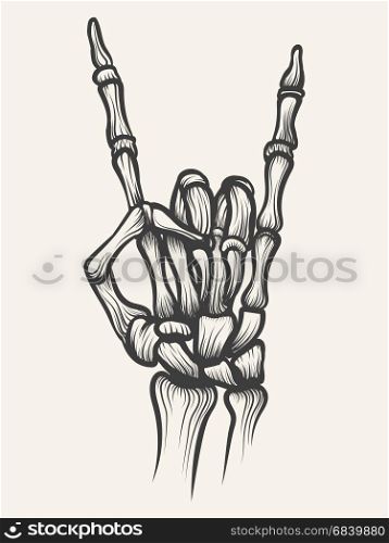 Skeleton heavy metal bones hand horn. Hand drawn devil skeleton heavy metal bones hand horn. Vector illustration