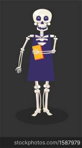 Skeleton in dress holding book, Day Of dead, Mexican holiday symbol, Dia De Los Muertos party vector. Clothes and textbook, skull and bones in sundress. Calaca and reading, national festival mascot. Day of Dead, skeleton in dress holding book, Mexican holiday