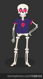 Skeleton in T-shirt and glasses, Day Of dead, Mexican holiday symbol, Dia De Los Muertos party vector. Clothes and accessory, skull and bones with accessory. Calaca wearing clothing, national festival. Day of Dead, skeleton in T-shirt and glasses, Mexican holiday symbol
