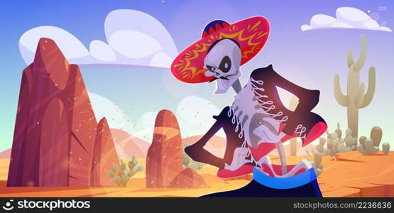 Skeleton mariachi musician in wild west desert landscape with sand, rocks and cacti. Dia de los muertos Mexican Day of dead cartoon character in traditional clothes and sombrero, Vector illustration. Skeleton mariachi musician in wild west desert