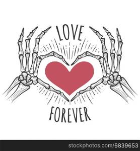 Skeleton pink heart hands. Love you forever vector illustration with skeleton pink heart hands in doodle sketch style