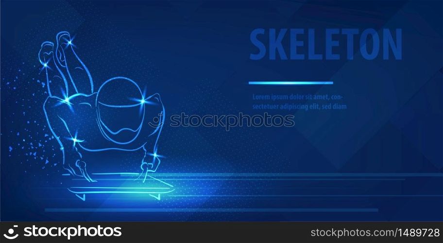 Skeleton racer on luge silhouette neon banner. Speed skating sport. Ice skiing race. Blue neon horizontal banner. Olympic winter games. Skeleton man fugure in blue neon winter sport vector background. Skeleton racer on luge silhouette neon banner speed skating