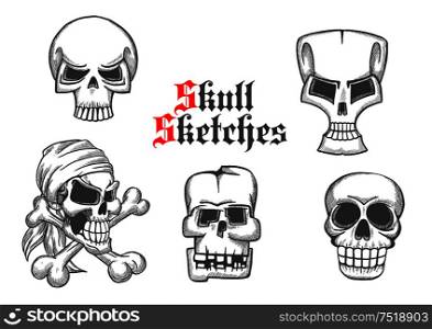 Skeleton skulls pencil sketch icons. Abstract shapes of cranium and crossbones for halloween cartoon, label, tattoo, t-shirt, placard, decoration, poster. Skeleton skulls sketch icons set