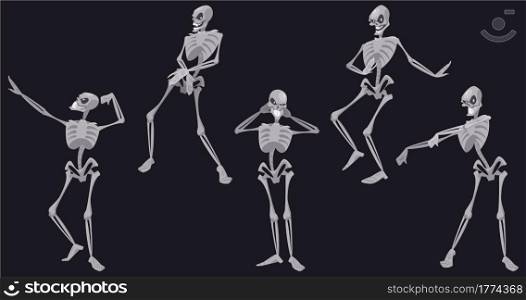 Skeletons dance, funny Halloween or Mexican Dia de Los Muertos dead characters dancing, skulls and bones moving body at music rhythm, disco party, human anatomical Cartoon vector illustration, set. Skeletons dance, funny Halloween dead characters