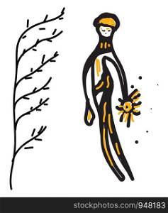 Sketch A stick man in black and yellow colors floating closer to a tree with no leaves while his eyes closed, vector, color drawing or illustration.