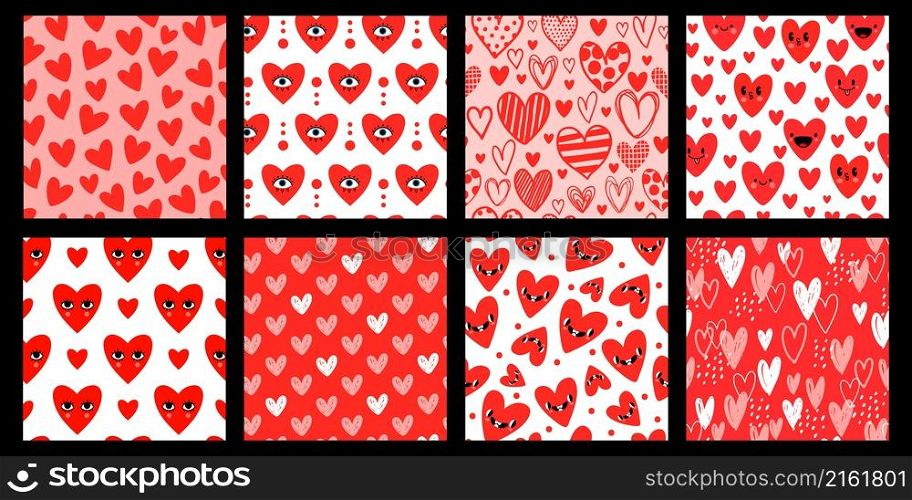 Sketch and cartoon hearts with faces, valentine day seamless patterns. Cute abstract romantic love symbol prints. Heart textures vector set. Smiling characters and doodle design for wrapping paper. Sketch and cartoon hearts with faces, valentine day seamless patterns. Cute abstract romantic love symbol prints. Heart textures vector set