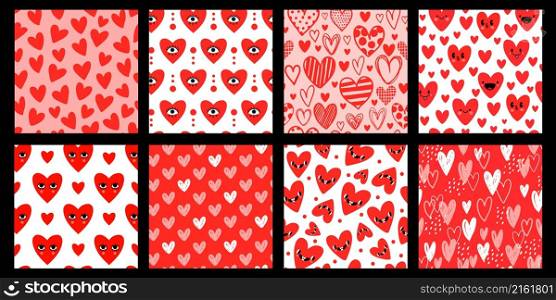Sketch and cartoon hearts with faces, valentine day seamless patterns. Cute abstract romantic love symbol prints. Heart textures vector set. Smiling characters and doodle design for wrapping paper. Sketch and cartoon hearts with faces, valentine day seamless patterns. Cute abstract romantic love symbol prints. Heart textures vector set