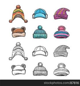 Sketch and colorful winter hat set. Sketch and colorful winter hat set isolated on white backgroud. Vector illustration